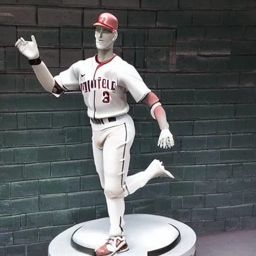 Image similar to “a realistic detailed photo of a guy who is an attractive humanoid who is half robot and half humanoid, who is a male android, baseball player Mike Trout, shiny skin, posing like a statue, blank stare, on the baseball field, on display”