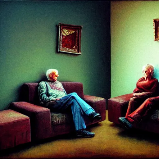 Image similar to highly detailed photo of a very old couple sitting on a couch, psx game graphics , Beksinski painting, part by Adrian Ghenie