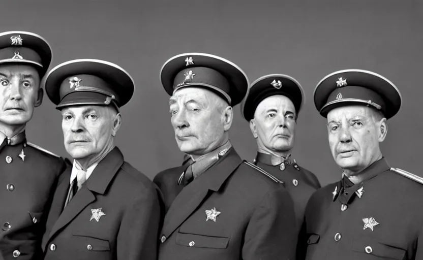 Image similar to 50s movie still close-up portrait of three individual elder soviet generals wearing general's cap with very diverses faces in a stalinist style hall, by Irving Penn, Cinestill 800t 50mm black and white, heavy grainy picture, very detailed, high quality, 4k, HD criterion, precise texture, facial precision, diverse haircuts, diverse ages, different expression