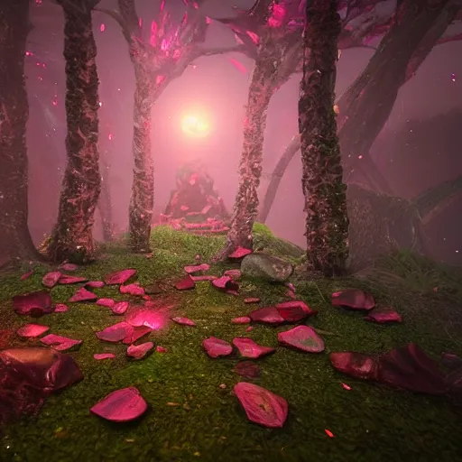 Image similar to one glowing crystalized in the dark rose forest with a rose path that has glowing ovules and lava crystallized ginger by blizzard style artstation trending, magical light fog, night time, low light, volumetric lighting, ue 4, zbrush, marmoset toolbag