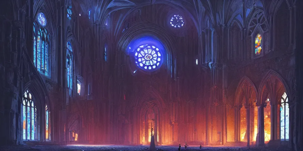 Prompt: exterior of a giant abbey made of blue stone, colourful rose window, in the middle of a dark abyss. in style of greg rutkowski and hyung - tae kim, trending on artstation, dark fantasy, great composition, concept art, highly detailed, dynamic pose, vibrant colours, epic, 8 k.