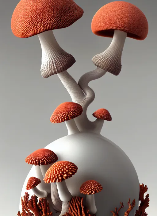 Image similar to perfume bottle surrounded by ivory room well contoured smooth fair walls, up close shot, sharp focus, global illumination, radiant light, biomechanical black corals decor made of corals, mushrooms, puffballs, rhizomorphs, alexandre ferra white mecha, irakli nadar, octane highly render, 4 k, ultra hd,