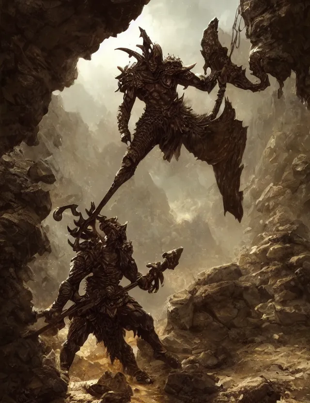 Prompt: muscular bronze dragonborn warrior holding greataxe, robust stocky body, at the stone ruins, rpg artwork, hyperdetailed, hyperrealistic, soft light, imposing presence, pino daeni and dan mumford, artstation, intricate metal, smooth, sharp focus