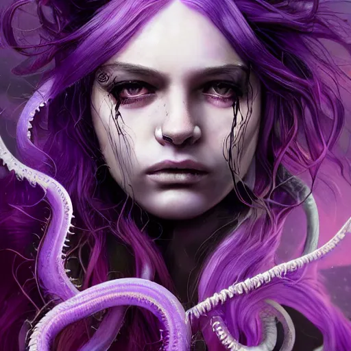 Image similar to detailed photo portrait of a furious teen girl with thin, hair-like purple tentacles on her head and bright purple eyes, 8k,by tristan eaton, Stanley Artgermm,Tom Bagshaw,Greg Rutkowski,Carne Griffiths,trending on DeviantArt, face enhance,hyper detailed ,full of colour, dramatic lightning