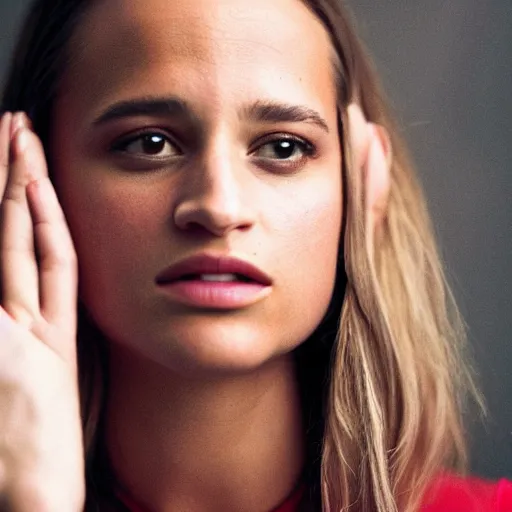 Image similar to alicia vikander, blonde hair, 5 0 mm film still the interview