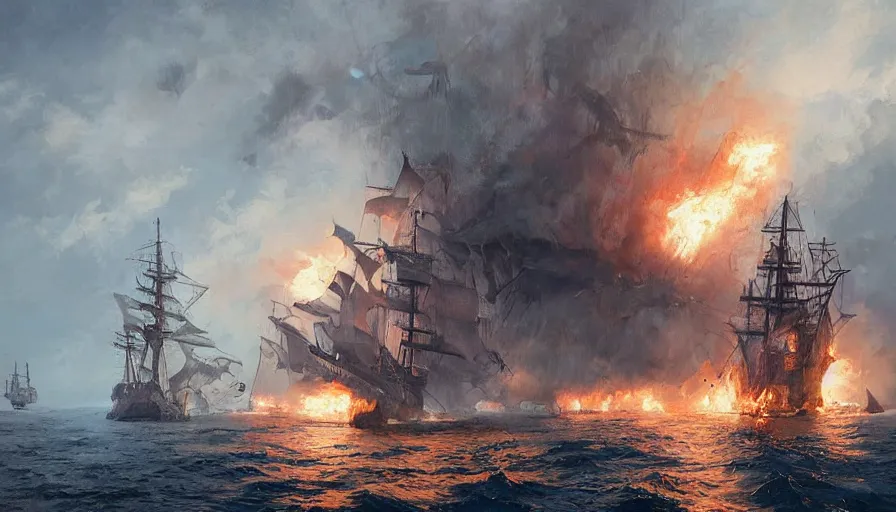 Image similar to navy sailing ship, old sailing warship attacked by fire breathing dragon as the sailing ship pulls into port by greg rutkowski