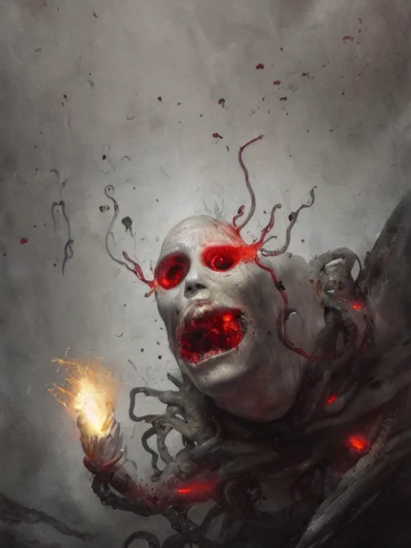 Image similar to painting by greg rutkowski of a flying human head with tears running down it's face face that is chalk white in color, with tentacles coming of the neck, fiery scorching red eyes, flying in a terrying hellish dark cavernous place