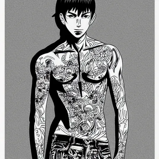 Image similar to Eikichi Onizuka tshirt-less illustration, medium shot, intricate, elegant, highly detailed, digital art, ffffound, art by Tōru Fujisawa,