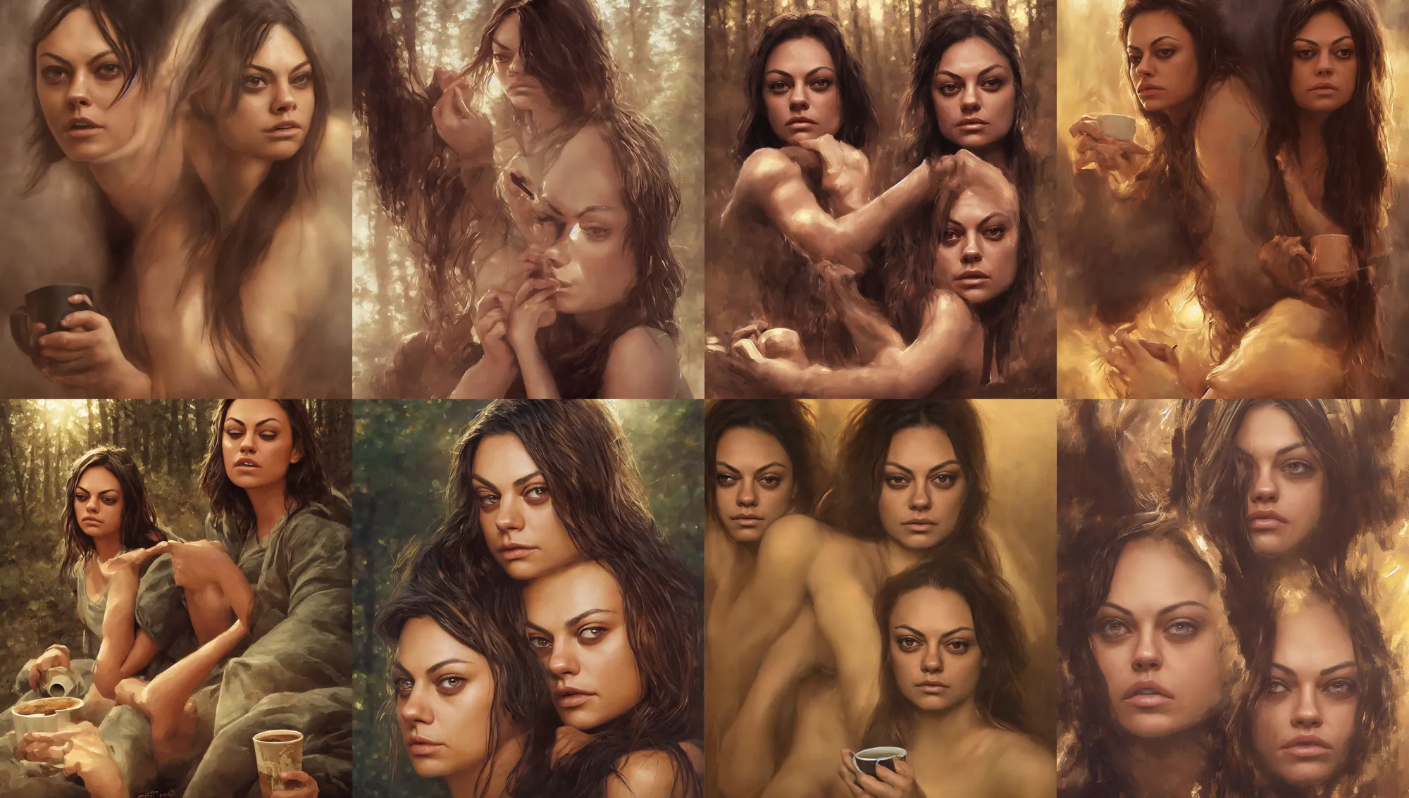 Image similar to close portrait of sleepy mila kunis waking up with coffee, dramatic light, morning golden hour, forest cabin background, 2 0 0 mm focal length, 1 9 7 0 s, painted by stanley lau, painted by greg rutkowski, painted by stanley artgerm, digital art, trending on artstation