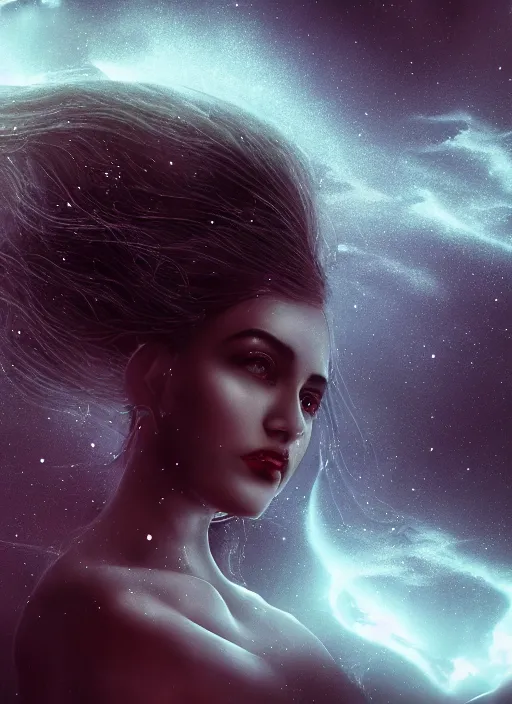 Prompt: stunning otherworldly goddess of beauty rising from the void, dark and mysterious, stopped in time, atmospheric, ominous, eerie, cinematic, epic, 8 k, 4 k, ultra detail, ultra - realistic, rendered by awesomeness