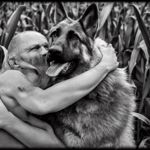 Prompt: a humanoid german shepherd beast - man hugging his friend in a corn field vintage sepia detailed 8 k