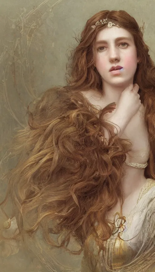 Image similar to An extremely beautiful pre-raphaelite ornate portrait of a beautiful young attractive woman, professionally painted digital art illustration, smooth, sharp focus, atmospheric lighting, highly detailed illustration highlights, golden ratio, extremely detailed winning award masterpiece, 8K post-processing