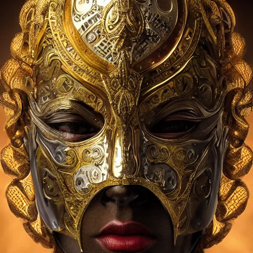 Prompt: Very very very very highly detailed epic central composition portrait of face with venetian mask, golden, intricate, dystopian, sci-fi, extremely detailed, digital painting, artstation, concept art, smooth, sharp focus, illustration, intimidating lighting, incredible art by Tokujin Yoshioka and Anton Pieck