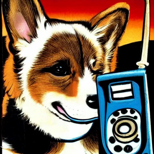 Image similar to corgi dog with a old telephone in his ear by ron walotsky