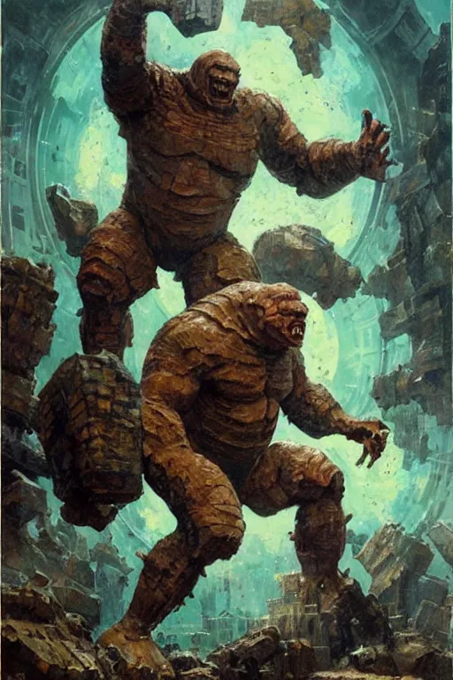 Image similar to full body portrait of martyn ford as huge golem attacking spaceship, dynamic action, by norman rockwell, jack kirby, jon berkey, earle bergey, craig mullins, ruan jia, jeremy mann, tom lovell, marvel, astounding stories, 5 0 s pulp illustration, scifi, fantasy