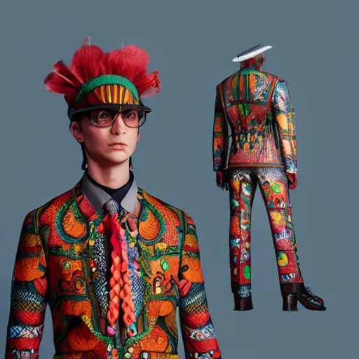 Image similar to a man festival outfit designed by prada, bold, colorful, mid view, very detailed render, very realistic render, elegant render, rendered in unreal engine and cryengine