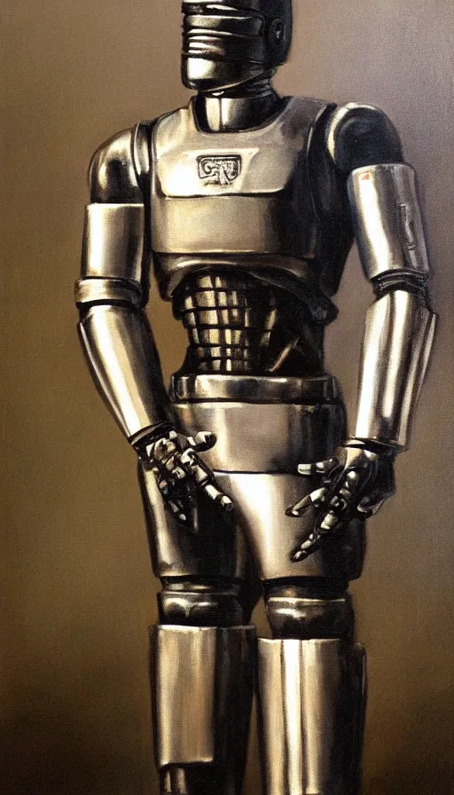 Prompt: robocop, standing heroic pose, back lit, oil painting by rembrandt