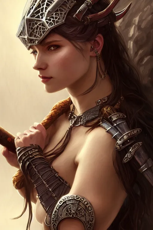 Image similar to Portrait of seductive female barbarian, D&D, revealing stylish dress like metal armor, choker on neck, long flowing hair, mouth slightly open, slight nerdy smile, fantasy, intricate, elegant, highly detailed, digital painting, artstation, concept art, smooth, sharp focus, illustration, art by artgerm and greg rutkowski and alphonse mucha