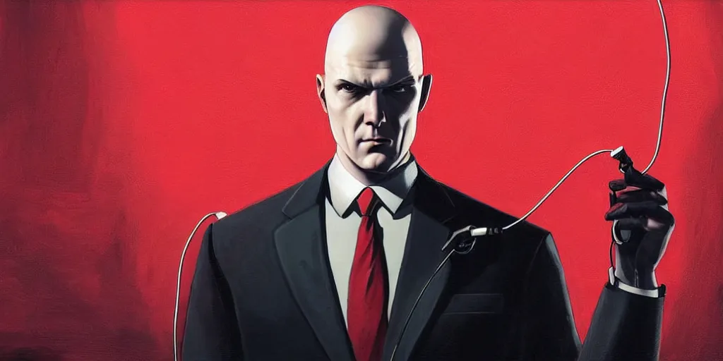 Prompt: a portrait of agent 4 7 from hitman wearing large headphones with wires in the background listening to music, dark background, red rim light, smooth, sharp focus, art by irina french