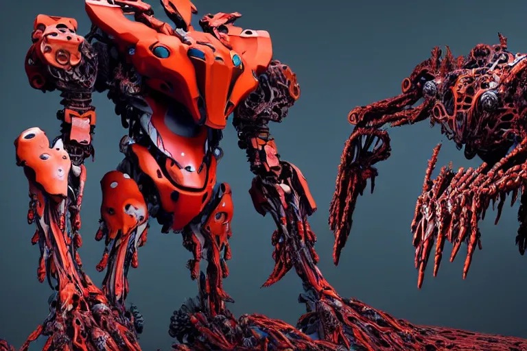 Image similar to a hyper detailed red fanghorn evangelion realistic mechanical and organic creature similar look as horizon forbidden west horizon zero dawn, bioluminiscence in a dark deep forest at dawn in spring, with reflection and textures, by kilian eng, substance painter reaslitic mech surface metal painted scratches,