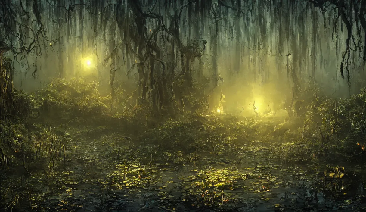 Image similar to swamp at night, stars, path, lanterns, torches, fireflies, bioluminescence, vines, fire, stream, fog, insane details, intricate, elite, ornate, elegant trend, highly detailed and intricate, sharp focus, photography, unreal engine, trending on artstation, photorealistic, octane, hyper detailed, trending on deviantart,