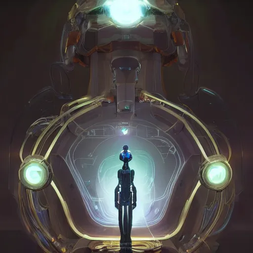 Prompt: robot with a crystal brain, glowing halo, fantasy, hi-tech, cables, intricate, elegant, highly detailed, digital painting, artstation, concept art, smooth, sharp focus, art by anthony macbain + greg rutkowski + alphonse mucha, concept art, 4k, sharp focus, cinematic unreal engine