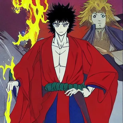 Image similar to Spike Spiegel fire Wizard Mage Wearing a red robe whilst disguised as devil standing in the office uta natsume naoko rumiko takahashi katsuhiro otomo Alexey Egorov Inio Asano sui ishida anime mangaka