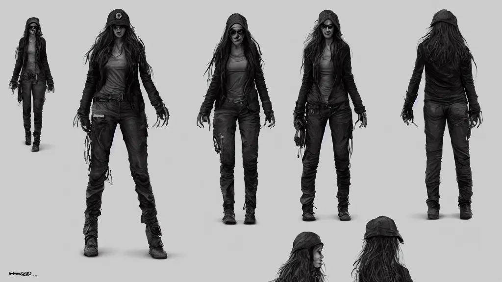 Prompt: character sheet for a long haired beautiful realistic female for futuristic modern baggy dark grey jacket oakley glasses baseball hat dystopian mad max like fashion brand hamcus on an alien planet, impact by craig mullins, trending on artstation, trending on behance,, hd, 8 k, masterpiece