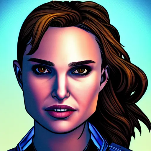 Image similar to natalie portman portrait, borderlands, tales from the borderlands, the wolf among us, comic, cinematic lighting, studio quality, 8 k