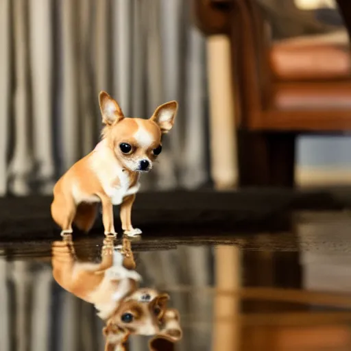 Prompt: chihuahua dog seeing his own reflection in a mirror