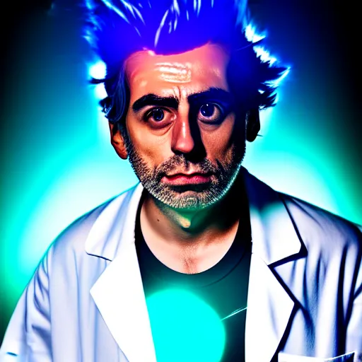 Image similar to portrait of rick sanchez, lab coat and tee shirt, lens flare, atmosphere, glow, detailed, intricate, full of colour, cinematic lighting, 4 k, hyperrealistic, focused, extreme details, cinematic, masterpiece