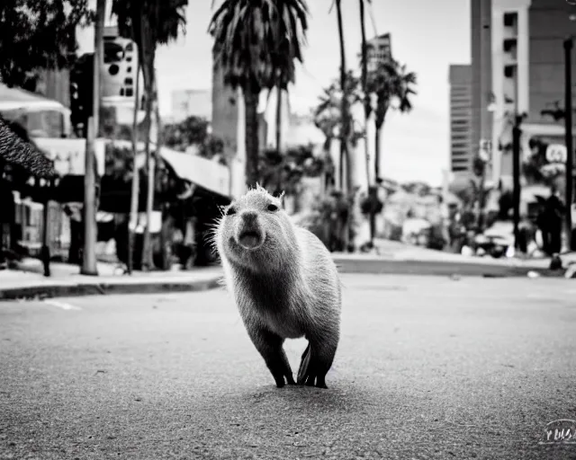 Image similar to a capybara walking in the streets of los angeles, street photography, black and white