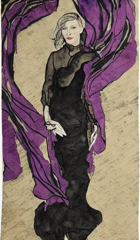 Image similar to cate blanchett , hanging scroll, ink and colours on silk,