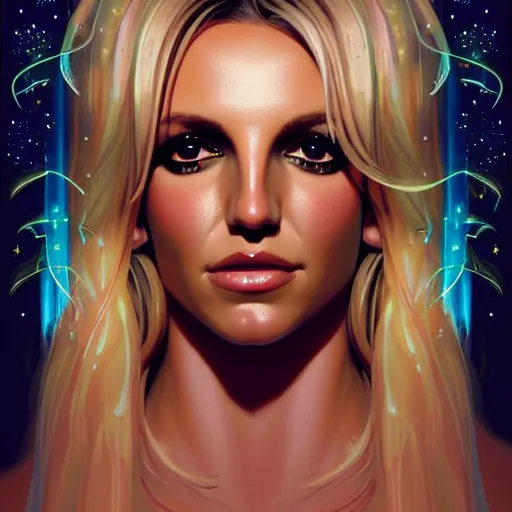 Prompt: symmetry portrait of britney spears, glam, deco, fireflies, forest background, intricate, elegant, highly detailed, digital painting, artstation, concept art, smooth, sharp focus, illustration, art by artgerm and greg rutkowski and fra angelico and alphons mucha