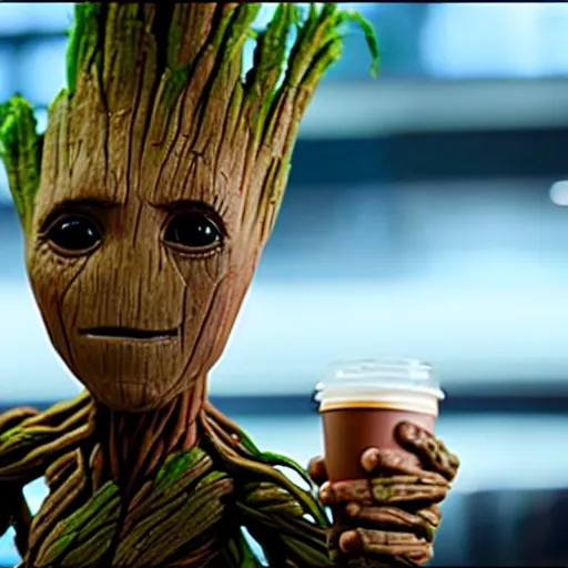 Image similar to groot drinking coffee