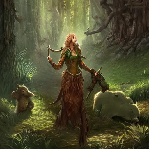 Image similar to elven druid summoning bears in the forest, d & d inspired, trending on artstation, ultra fine detailed, hyper detailed, hd, concept art, digital painting