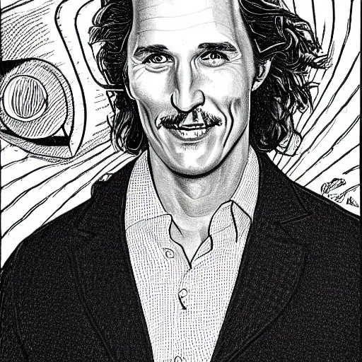 Image similar to a portrait drawing of Mathew McConaughey drawn by Robert Crumb