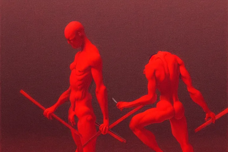 Image similar to only with red, a red samurai do seppuku, tokio, a lot of frogs watch, in the style of beksinski, parts by edward hopper, parts by rodcenko, parts by yue minjun, intricate and epic composition, red by caravaggio, insanely quality, highly detailed, masterpiece, red light, artstation, 4 k