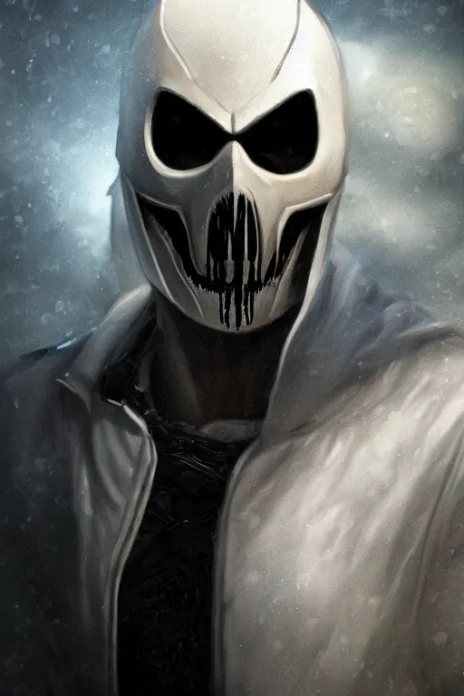 Image similar to characters portrait of Moon Knight mixed with Ghostrider by Alyssa Monks, full-shot, merged character, Full body shot, cinematic opening shot, 4k, highly detailed, cinematic lighting