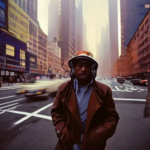 Image similar to closeup portrait of a man piloting a spaceship in a smoky new york street , by Annie Leibovitz and Steve McCurry, natural light, detailed face, CANON Eos C300, ƒ1.8, 35mm, 8K, medium-format print