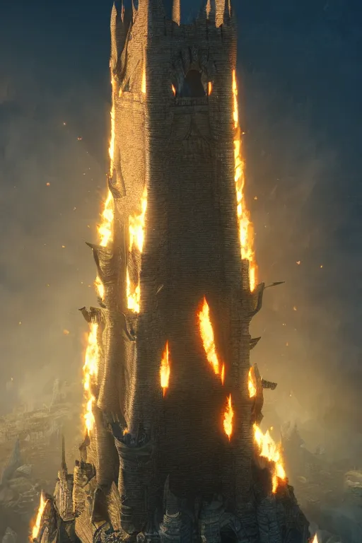 Image similar to a dragon burning the tower, 3 d model, unreal engine 5, sharp focus, detailed matted painting, 4 k, epic lighting, artstation, by antoine di lorenzo