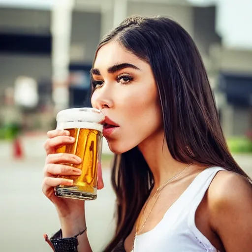 Image similar to 4k,ultra detailed portrait of Madison Beer drinking beer at the parking lot by Rachel Ruysch