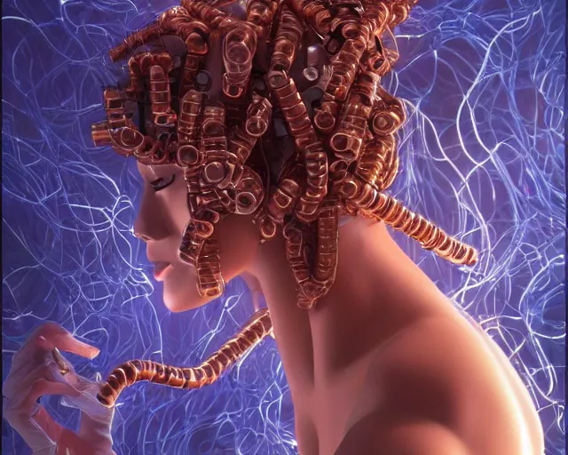 Image similar to beauty woman made of small copper cubes, hair made from electrical wiring and conduits, very detailed, dramatic lighting, mechanical details, electrical details, high details, 4k, 8k, trending on artstation, by Hajime Sorayama and Boris Vallejo