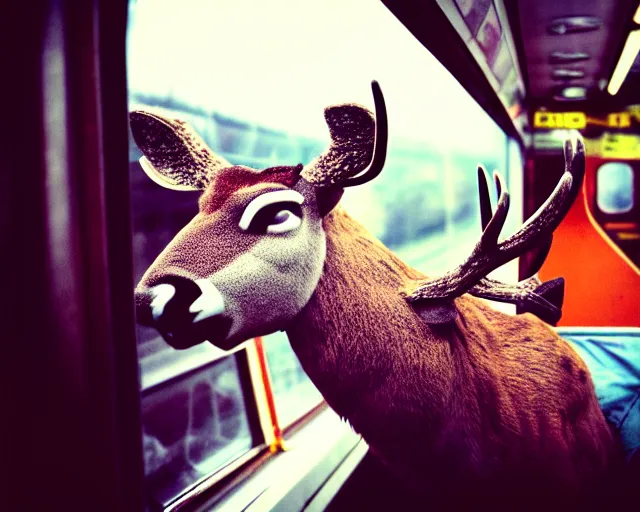 Image similar to a lomography photo of rumble between two human with deer head in soviet train this morning, bokeh,