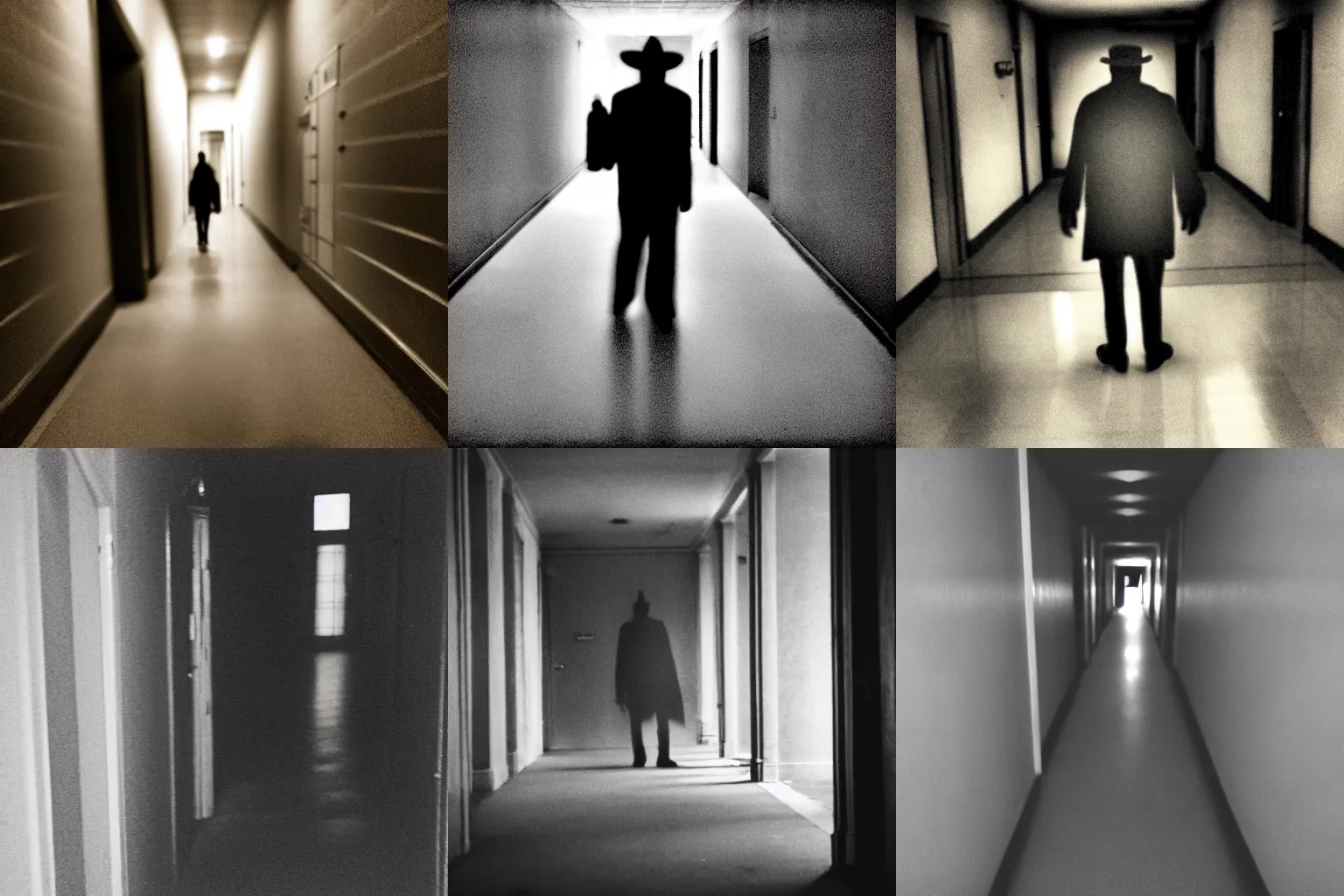 Prompt: paranormal photo of a shadow people hatman in a corridor looking at the camera, dark, amateur photo, low quality, grainy, diffuse, blur