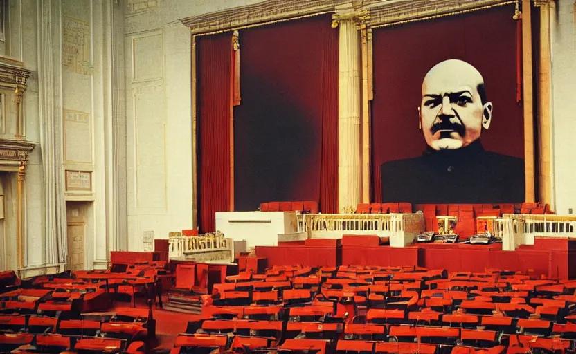 Image similar to 60s movie still of a stalinist style parlement with a giant portrait of Lenin, by Irving Penn , cinestill 800t 35mm eastmancolor, heavy grainy picture, very detailed, high quality, 4k, HD criterion, precise texture