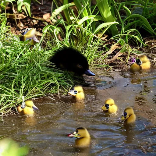 Prompt: an evil garden hose hunting ducklings in the backyard