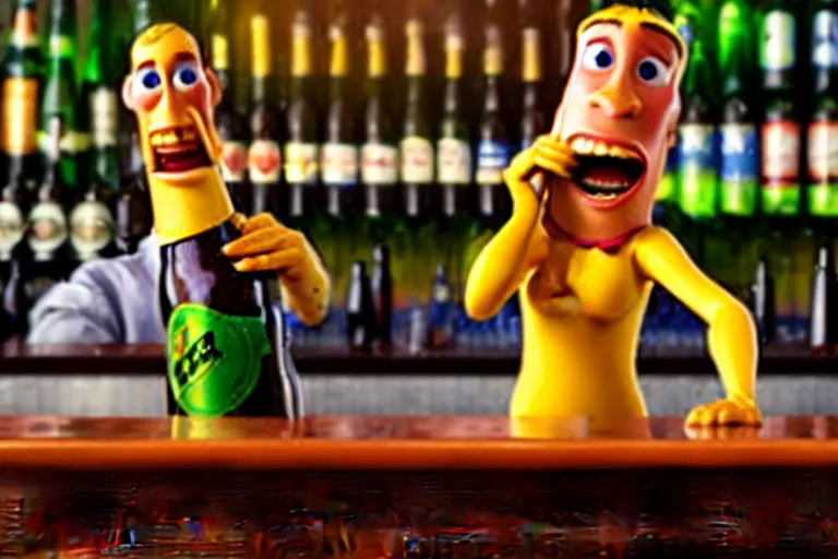 Image similar to a anthropomorphic bottle of beer standsin front of a bar yelling at the bar tender, pixar