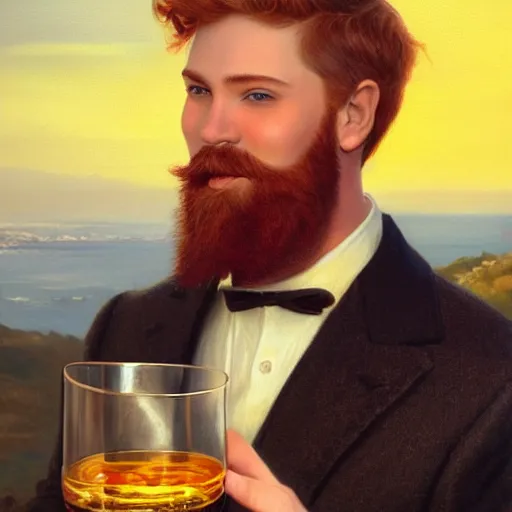 Prompt: a beautiful painting of a young man with short ginger hair and a beard holding a whisky glass in front of Arthur's Seat with a goofy grin and wide-set eyes wearing a cream coloured jumper, golden hour, realistic, ((by Delphin Enjolras)), trending on artstation
