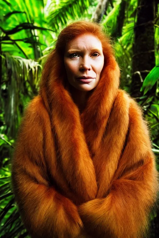 Image similar to a professional portrait photo of a neanderthal woman in the tropical jungles, ginger hair and fur, extremely high fidelity, natural lighting, national geographic magazine cover.